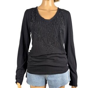 Calvin Klein Jeans Womens Black Beaded Scoop Neck Long Sleeve Top Large